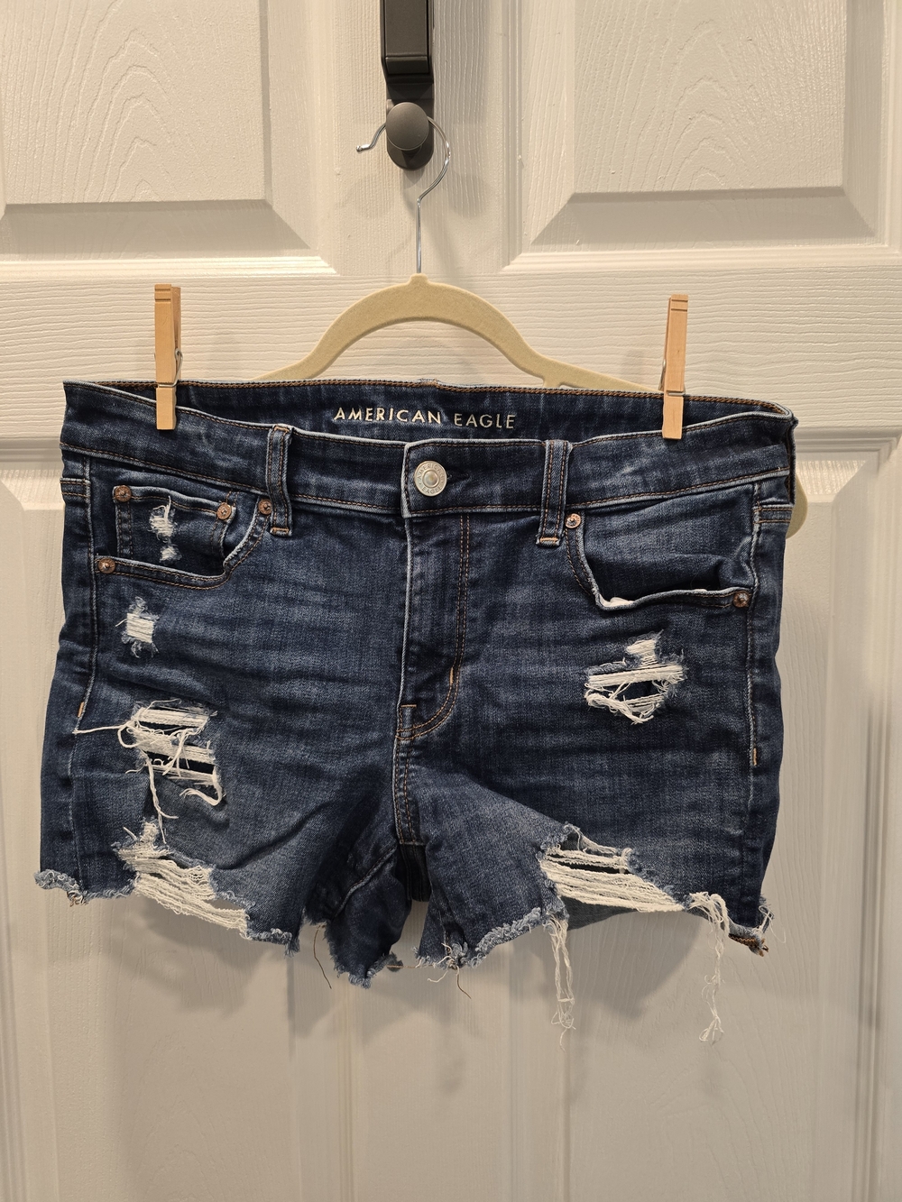 American Eagle Distressed Dark Blue Denim Midi Shorts